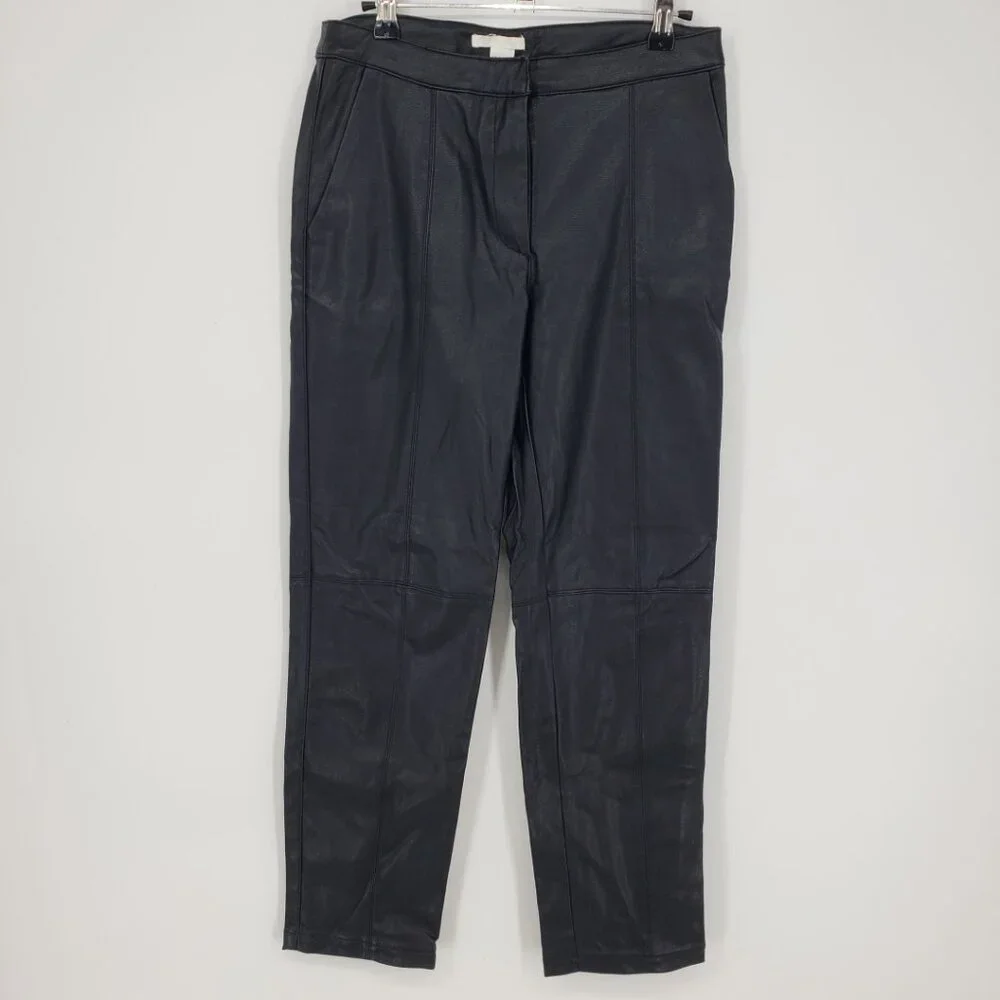 H&M Vegan Faux Leather Slim Straight Leg Pants 6‎ High Rise Waist Vegan Black